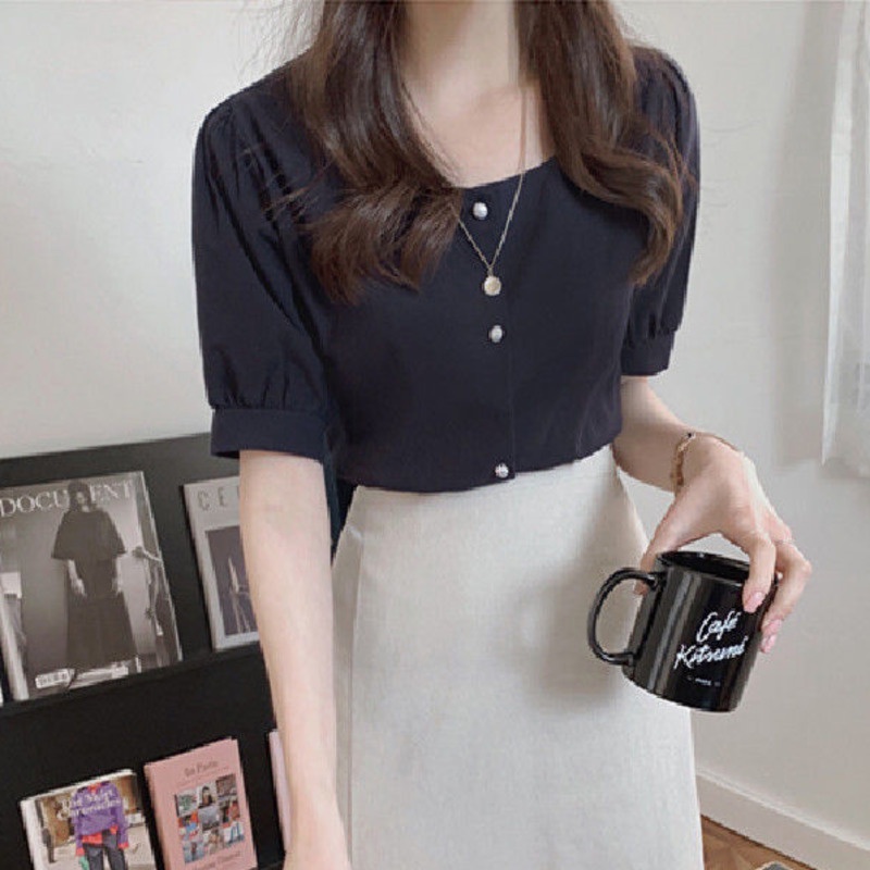 Áo sơ mi RENJIANVSHENG 168521 tay ngắn vải lanh cotton màu trơn cổ vuông dáng rộng đơn giản hợp thời trang