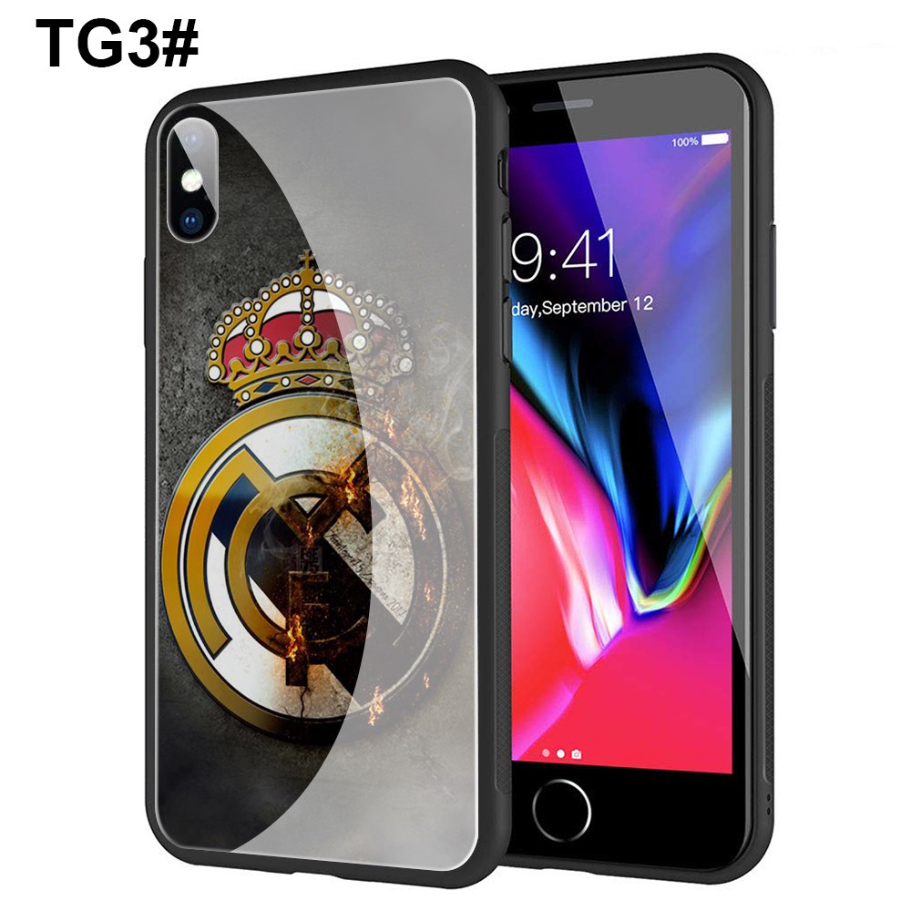 Ốp lưng kính cường lực hình logo đội bóng Real Madrid cho iPhone Xr Xs Max 7 8 6s 6 Plus 7+ 8+ 5 5s New SE 2020