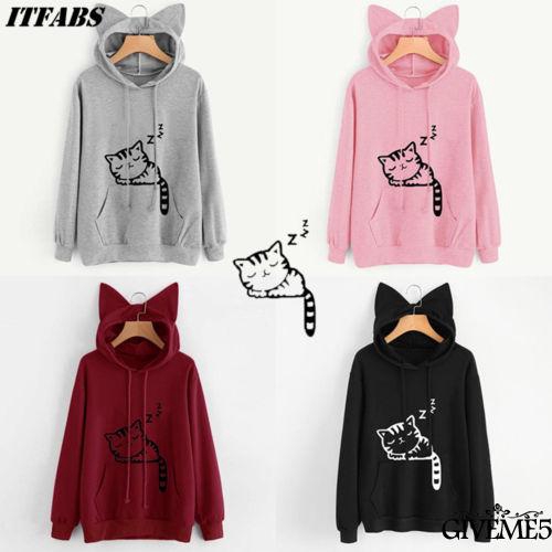 ♨♨-Women Long Sleeve Hooded Pullover Size S, M, L, XL, XXL)