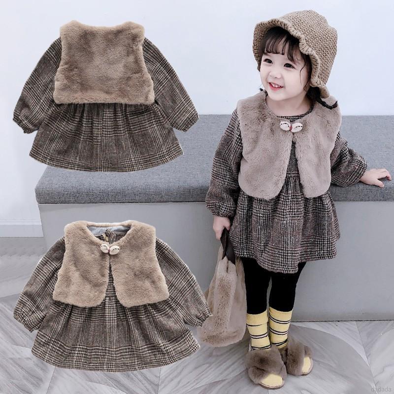 Set đầm tay dài họa tiết kẻ sọc caro + áo khoác sát nách thời trang dễ thương cho bé gái