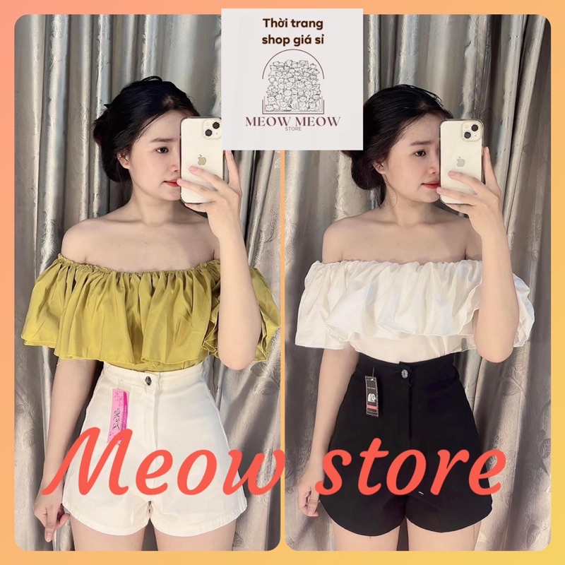 Áo kiểu trễ vai bèo nhún tầng croptop vải voan tiểu thư đi chơi