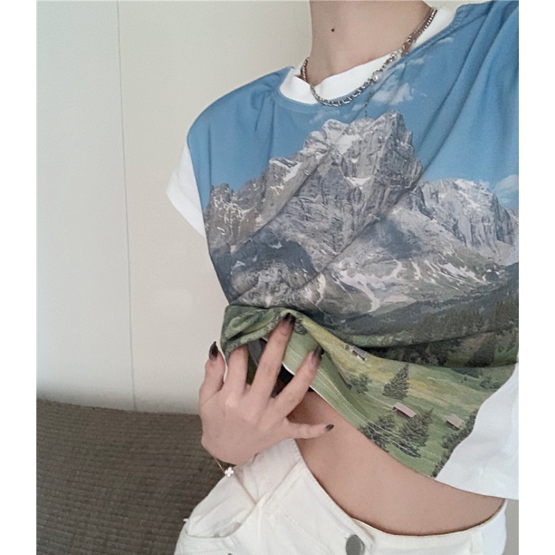 Áo Thun Tay Ngắn Dáng Rộng In Hình Phong Cảnh Thời Trang Cho Nữ