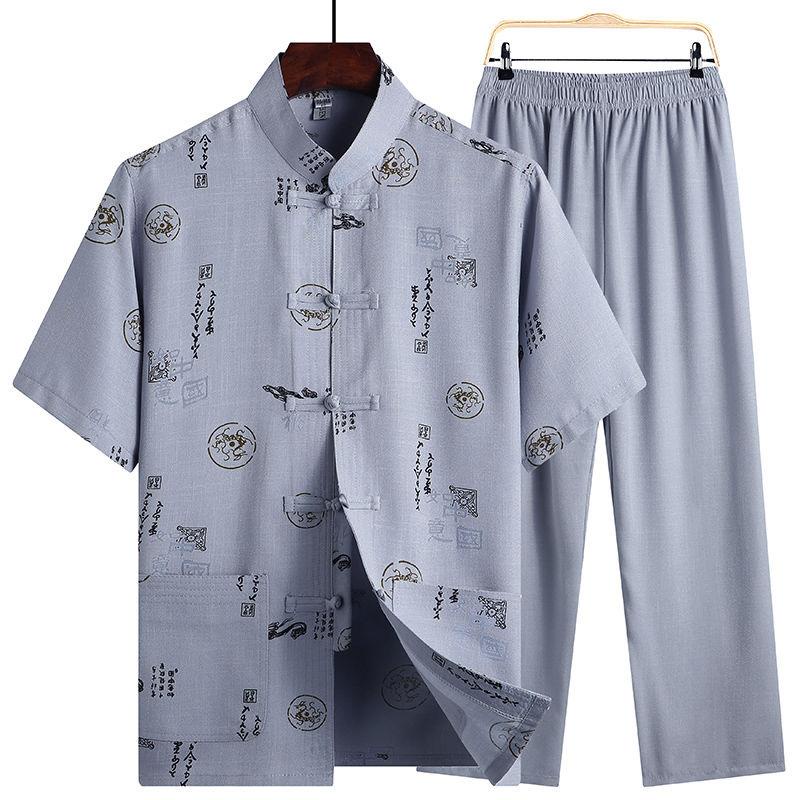 Bộ Đồ Kiểu Hán Phục Tay Ngắn Bằng Vải Cotton Lanh Thời Trang Mùa Hè Cho Nam Trung Niên