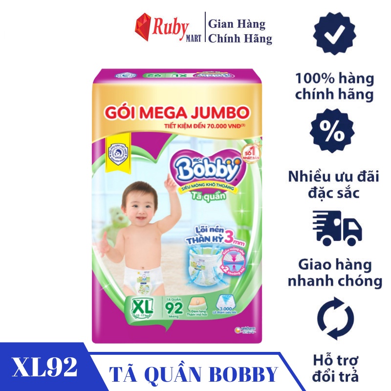 Tã quần Bobby mới Mega Jumbo M120 / XL92 / XXL84