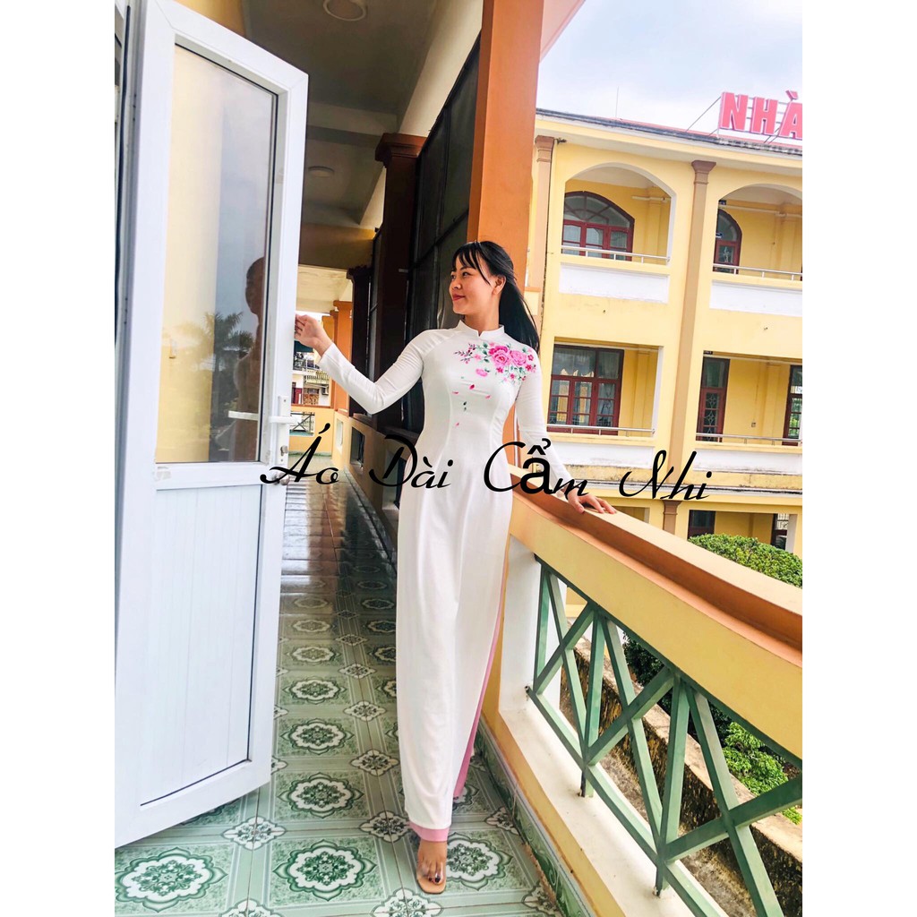 Áo Dài thiết kế, áo dài Trắng thêu hoa-mã t4