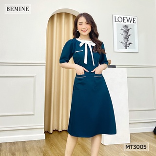 Đầm phối nơ túi viền trắng BEMINE MT3005XANH