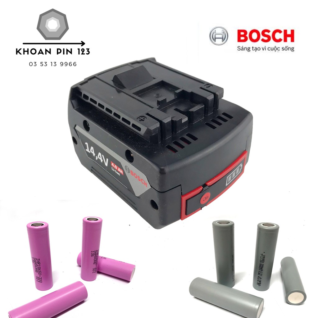 Pin Bosch 14.4V - 4Ah 5Ah 6Ah Li-ion, có đèn Led báo dung lượng pin (pin đóng)