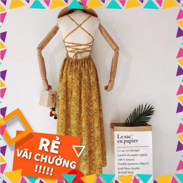 (sẵn xanh) Váy maxi hoa nhí 2 dây hở lưng đan chéo dây lưng chun xẻ tà chất mát siêu sexy đi biển đi chơi k