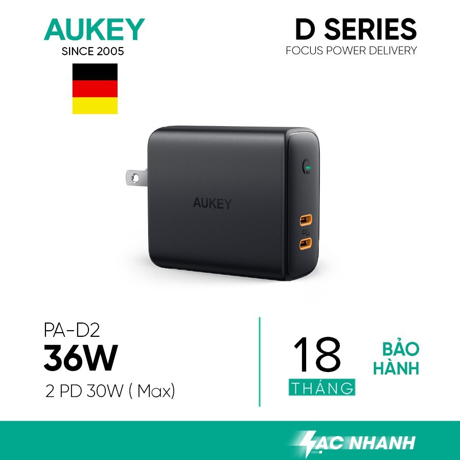 [Mã ELMALL300K giảm 5% đơn 500K] Cốc Sạc Nhanh 2 Cổng PD 36W AUKEY PA-D2, Công Nghệ Dynamic Detect - Hàng Chính Hãng