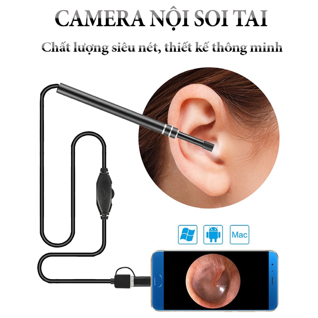 Camera nội soi siêu nhỏ kết nối điện thoại, máy tính nội soi tai mũi họng. Tặng Bộ Đầu Lấy Ráy Tai. An Toàn Chất Lượng.