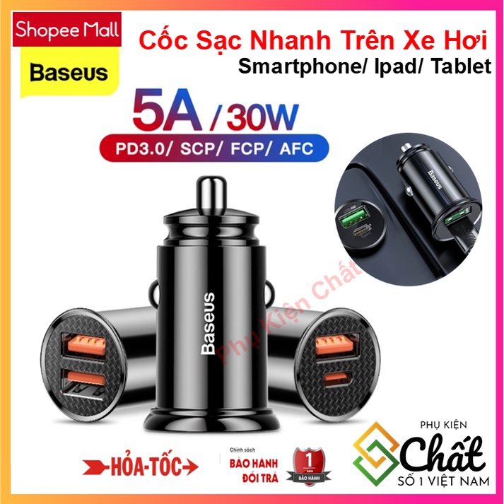 Tẩu sạc Nhanh 30W/5A  2 cổng Trên Xe Hơi Baseus, Sạc nhanh cho Iphone , Samsung , Xiaomi , Ipad , Tablet . BH 12 tháng