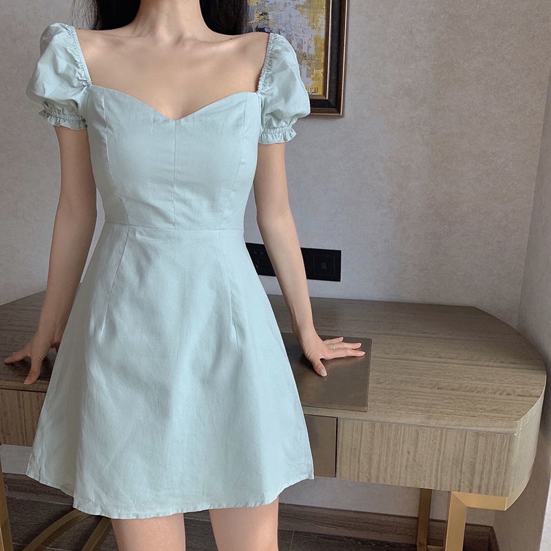 [MURIOKI] Đầm Dáng Chữ A Tay Phồng Cổ Chữ V Màu Xanh Lá Phong Cách Pháp Thanh Lịch Cho Nữ