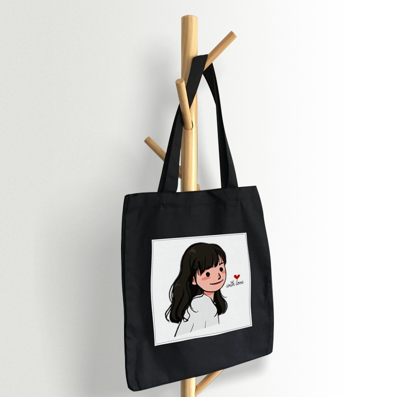 Túi Tote vải túi nhỏ thời trang in hình cô gái đeo vai phong cách Ulzzang đựng vừa sách vở đi học, tài liệu A4, laptop