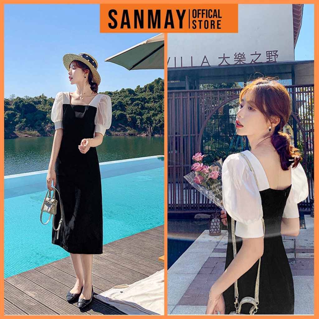 Váy Dự Tiệc Cưới SANMAY Đầm Cổ Vuông Tay Phồng Sang Trọng Thiết Kế Dáng Ôm Đi Chơi Công Sở Đen VD038