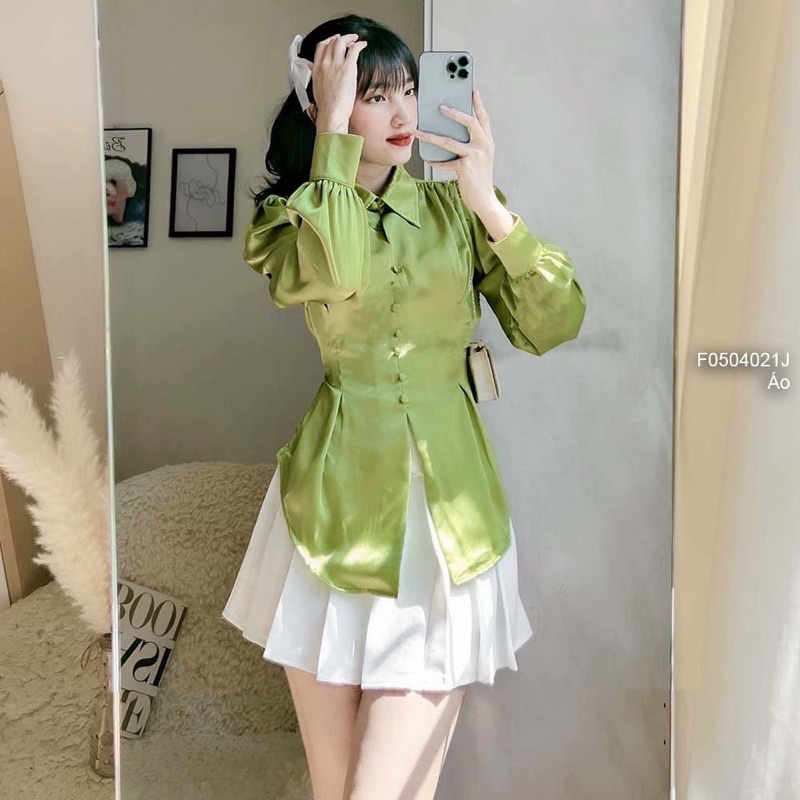 Áo sơ mi lụa đính khuy bọc xẻ tà trước cột nơ lưng tay dài!