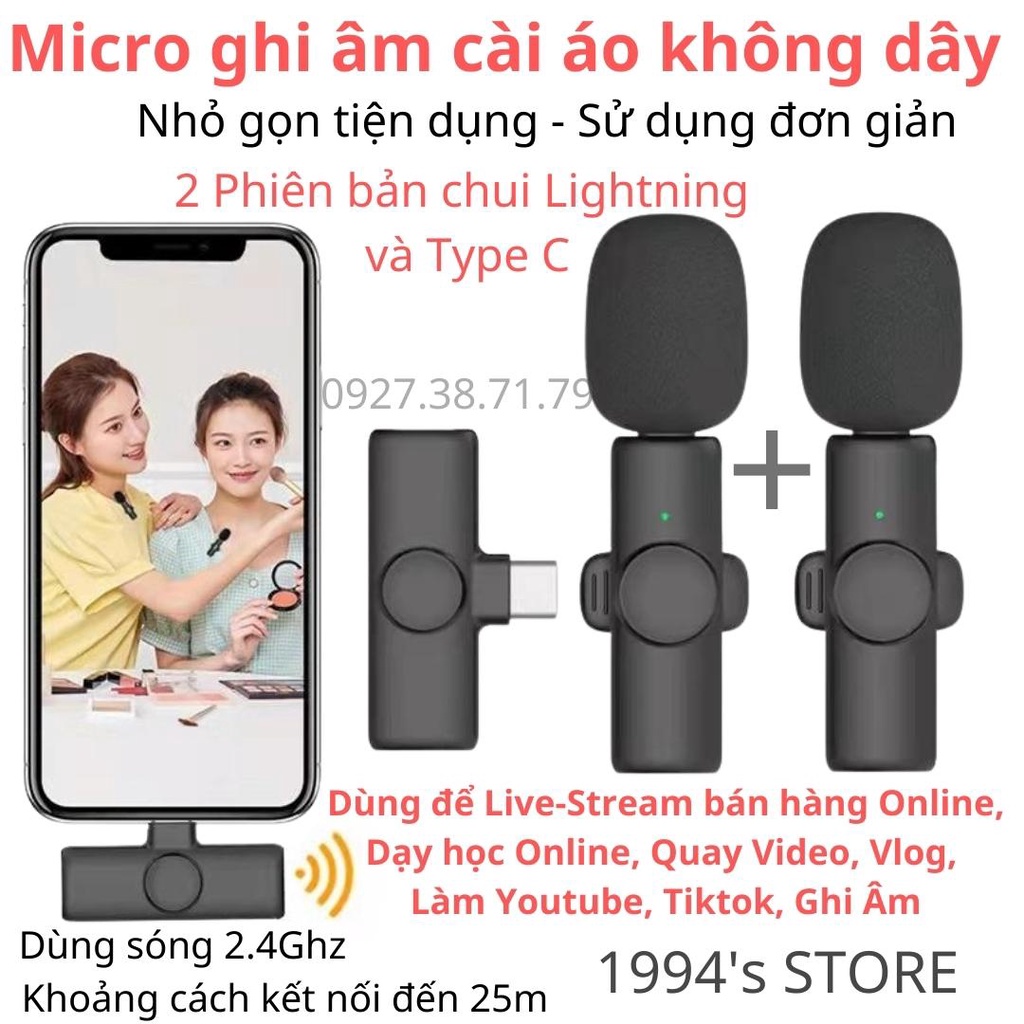 Combo 2 micro cài áo không dây - kết nối 2.4G xa 20m - Dùng để livestream, quay vlog, Tiktok, dạy học Online, bán hàng