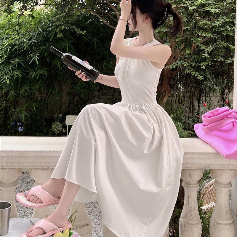 [MURIOKI] Đầm Trắng Dáng Dài Không Tay Thắt Nơ Phong Cách Hàn Quốc Thanh Lịch Dành Cho Nữ