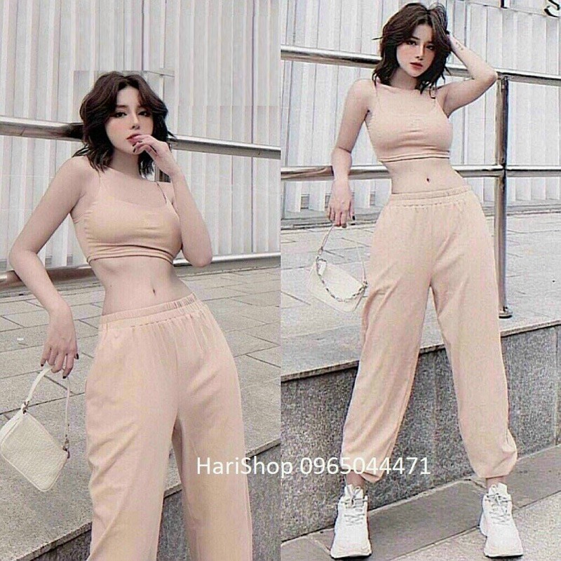 Set bộ thể thao croptop hai dây hai màu đen ,nu