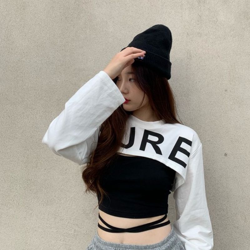 Sét 2 món Gồm áo 2 dây quấn bụng &amp; áo thun tay dài phối ngoài