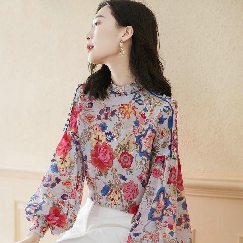 Áo Sơ Mi Chiffon Tay Dài Cổ Đứng Dáng Rộng In Họa Tiết Thời Trang Cho Nữ