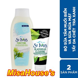 Combo Sữa tắm St.Ives Muối Biển 709ml và Sữa rửa mặt tẩy tế bào da chết St.Ives Trà Xanh 170g