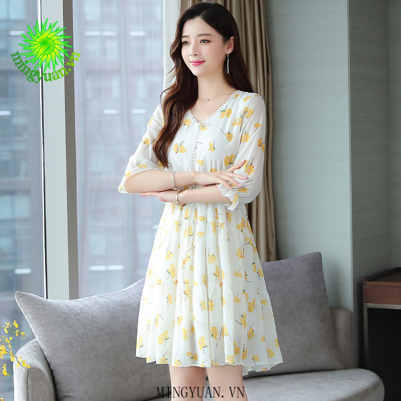 ( Mingyuan ) New summer floral chiffon v-neck waist slimming fairy dress
