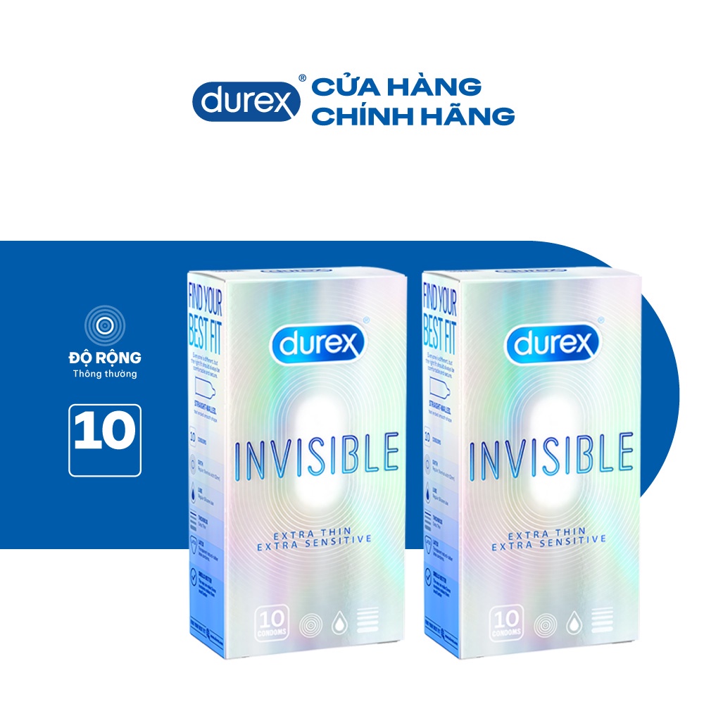 Bộ 2 hộp bao cao su Durex Invisible siêu mỏng, bôi trơn size 52mm, hộp 10 bao
