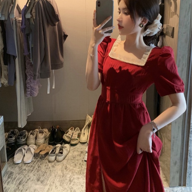 HOT - ảnh thật - Bigsize S-4XL Đầm cổ vuông viền ren dáng dài xẻ đùi sexy sang chảnh dự tiệc siêu xinh