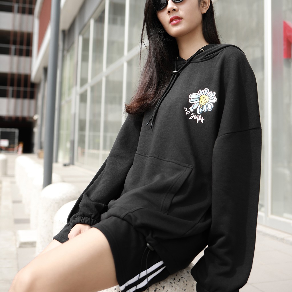 Áo Hoodie No Smile - Phía Trước Và Sau In Hình Sắc Nét - Chất Vải Nỉ Da Cá - Form Oversized Rộng Thoải Mái - Màu Đen