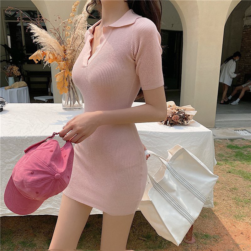 Váy Thun Tăm Cộc Tay Polo Cổ Chữ V 🌺 Đầm suông dáng ngắn ôm body tay lỡ kiểu dáng sexy, cá tính Ulzzang 🌺 | BigBuy360 - bigbuy360.vn