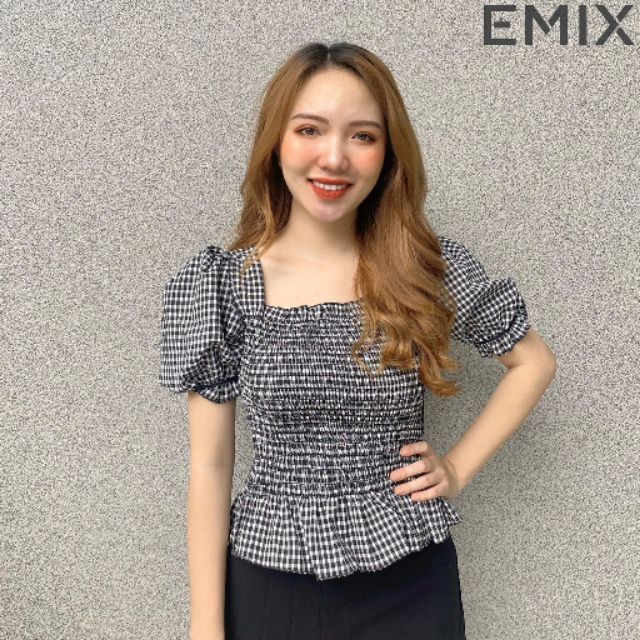 Áo kiểu kẻ caro đan lưng tay bồng EMIX