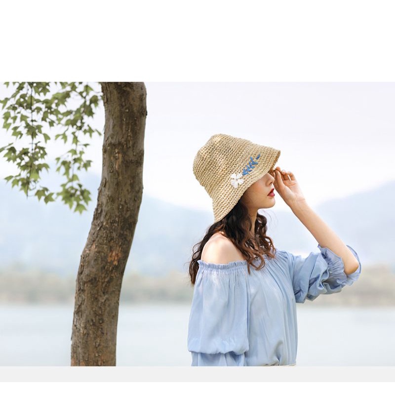 Mũ Đi Biển Cói Mềm Sợi Móc Hoa Trắng