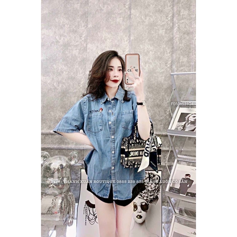 Áo sơ mi jean một túi thêu hình mickey tay con!