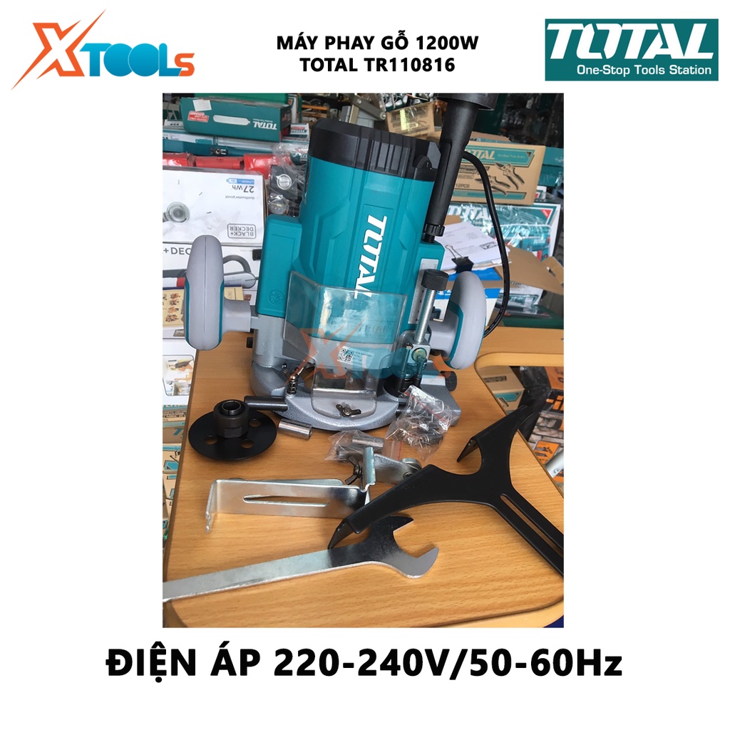 Máy phay gỗ Total TR110816 Máy soi gỗ cầm tayCông suất: 1200W Tốc độ không tải: 26000rpm Kích thước mũi : 6mm, 8mm, 1/4&quot;