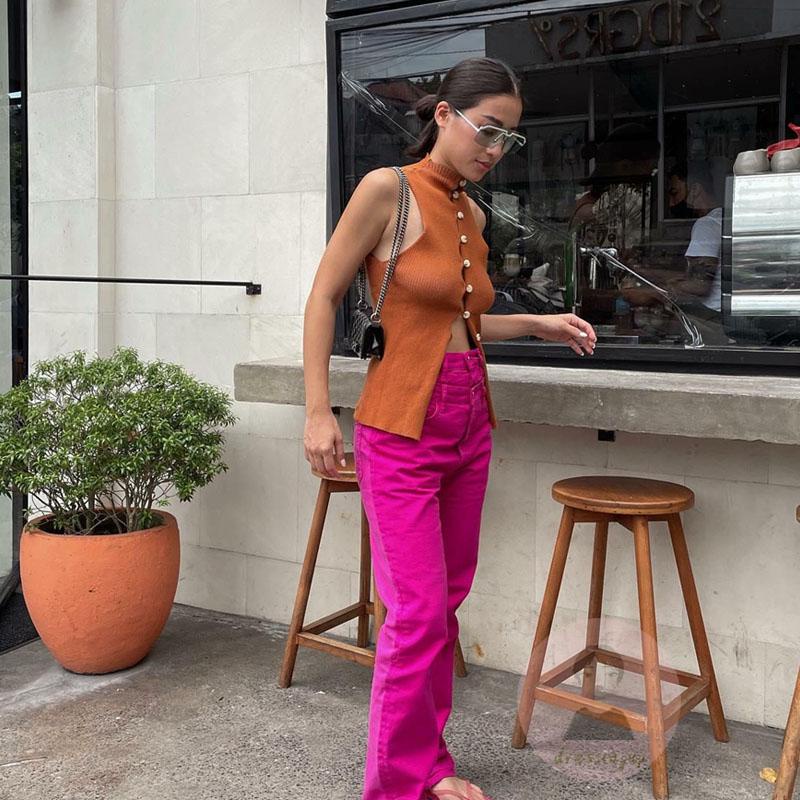 Dre-áo Dệt Kim Cổ Cao Khoét Lỗ Màu Trơn/Xanh Dương/Nâu Cho Nữ