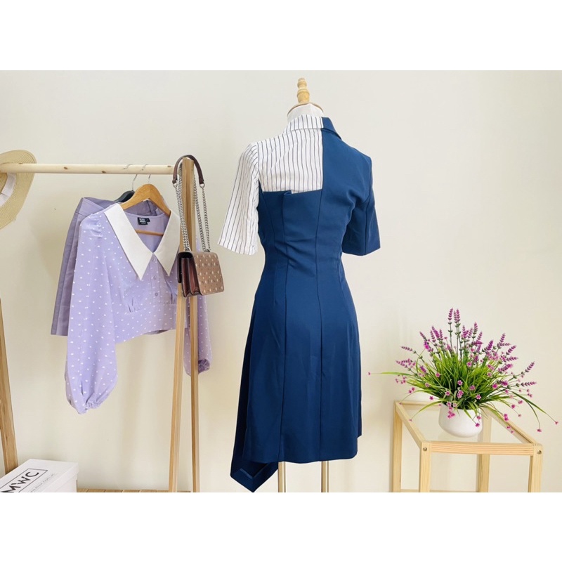 Đầm sơmi phối kẻ sọc tà váy xéo cao cấp Vero Moda