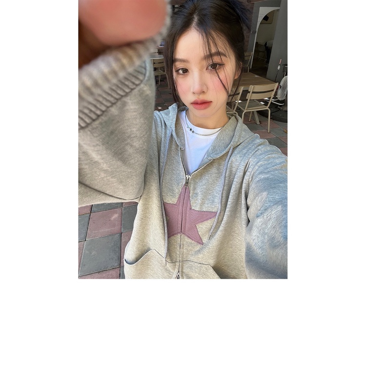 ZHELIHANGFEI Áo Hoodie Tay Dài Họa Tiết Ngôi Sao Theo Phong Cách Preppy Theo Phong Cách Mỹ Dễ Phối Đồ