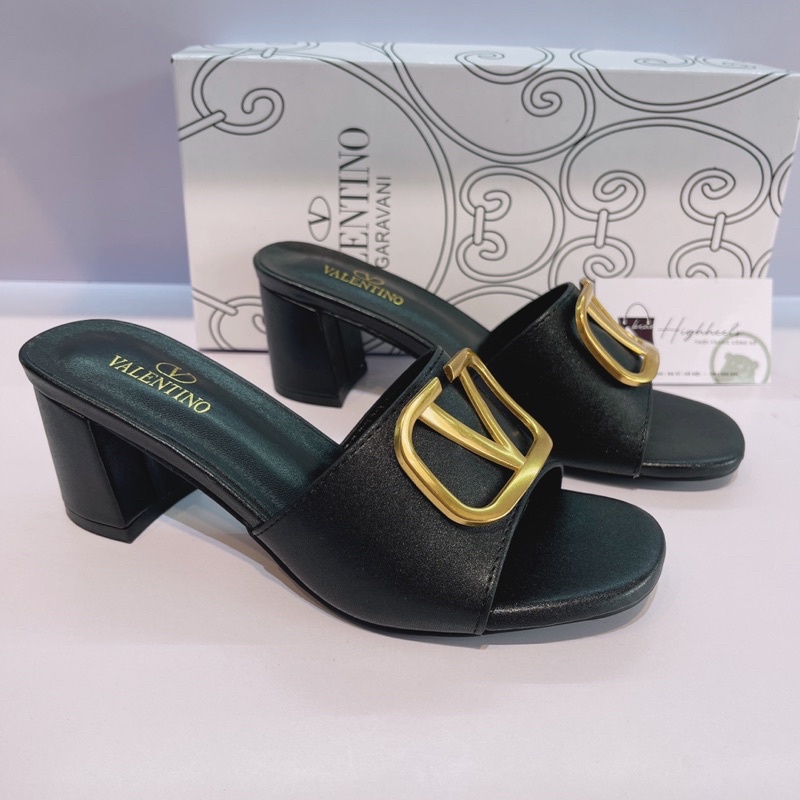 Guốc cao gót Quảng Châu Cao Cấp Valentino đen mũi hở 7cm (size 1.5) [Full hộp-full phụ kiện]