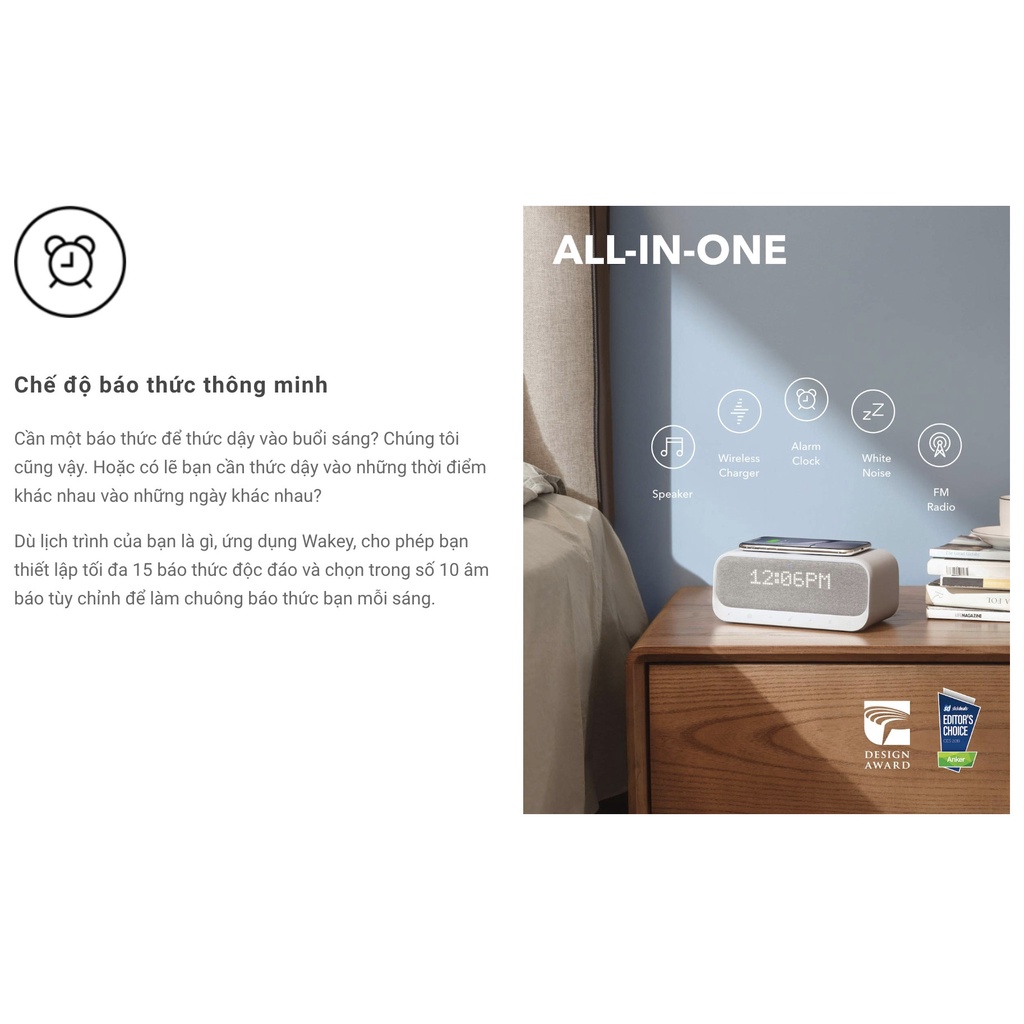 Loa Bluetooth ANKER SOUNDCORE Wakey 10W | Hỗ Trợ Đài FM | Sạc Không Dây | Hiển Thị Giờ - A3300 Chính Hãng