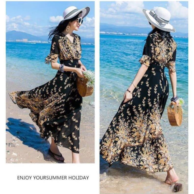 Đầm Maxi Hoa Nhí Dáng Dài Thướt Tha Cao Cấp - Váy Đi Biển Voan Lụa 2 Lớp Đẹp Quảng Châu Loại 1 QLY