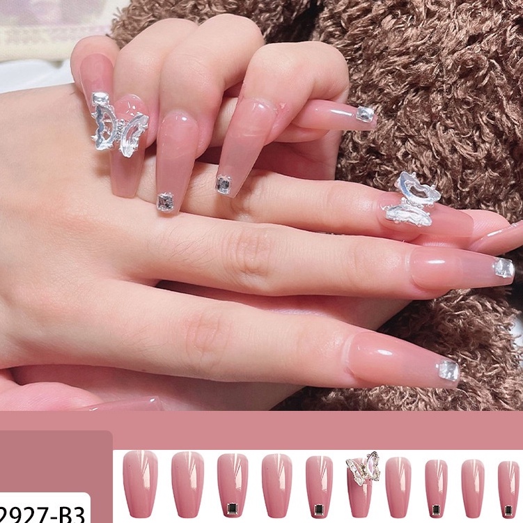 Móng tay giả đính đá thiết kế giá rẻ đẹp màu hồng có hộp Nail box đẹp MINIGIRL MG09