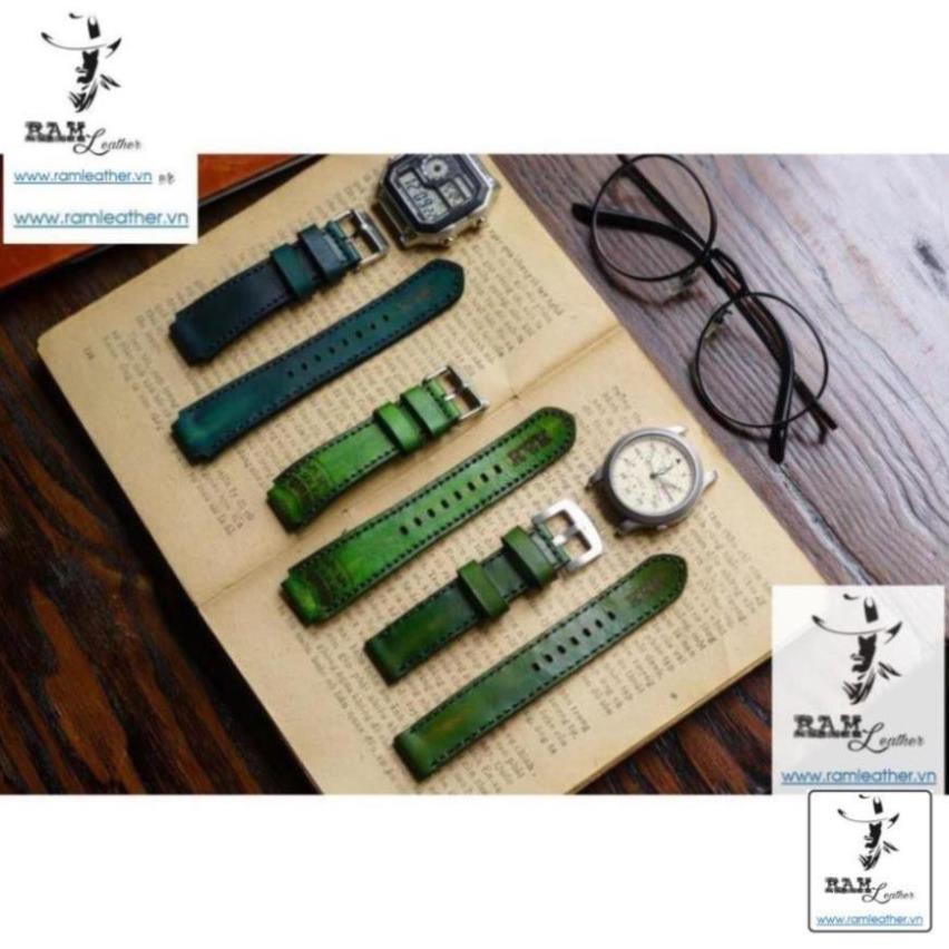 (DA BÒ CAO CẤP) DÂY ĐỒNG HỒ DA BÒ VEGTAN XANH LỤC - RAM CLASSIC 1972 -DA BÒ THẬT-CASIO AE1200/SEIKO5 - RAM LEATHER -