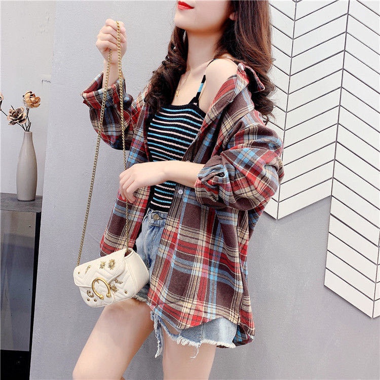 Áo sơ mi caro dáng rộng thiết kế thời trang phong cách Hàn Quốc cho nữ