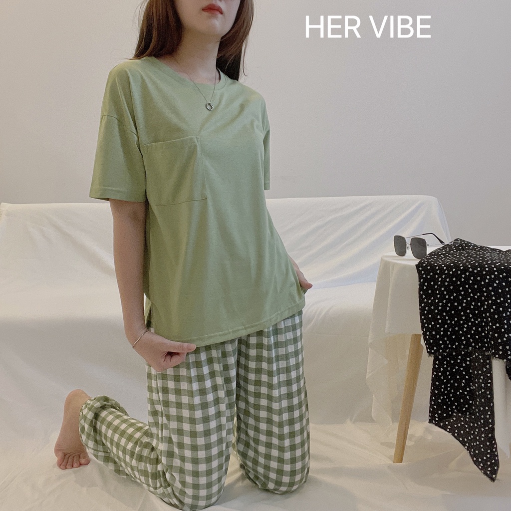 Đồ bộ nữ pijama thun mềm cực xinh tay ngắn quần dài màu xanh dễ thương cho nữ