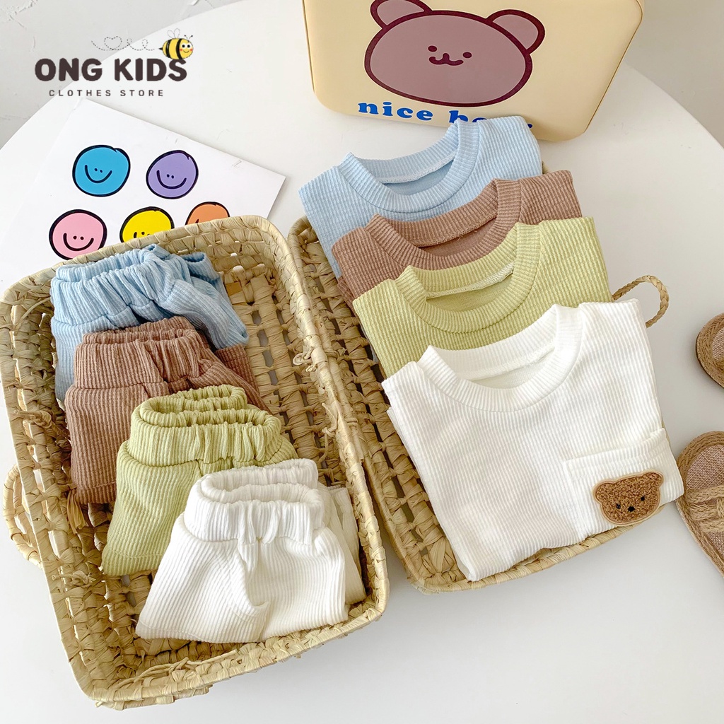 Set quần áo tăm lạnh cho bé trai bé gái, Quần áo trẻ em cộc tay thêu hình mặt gấu Hàn Quốc