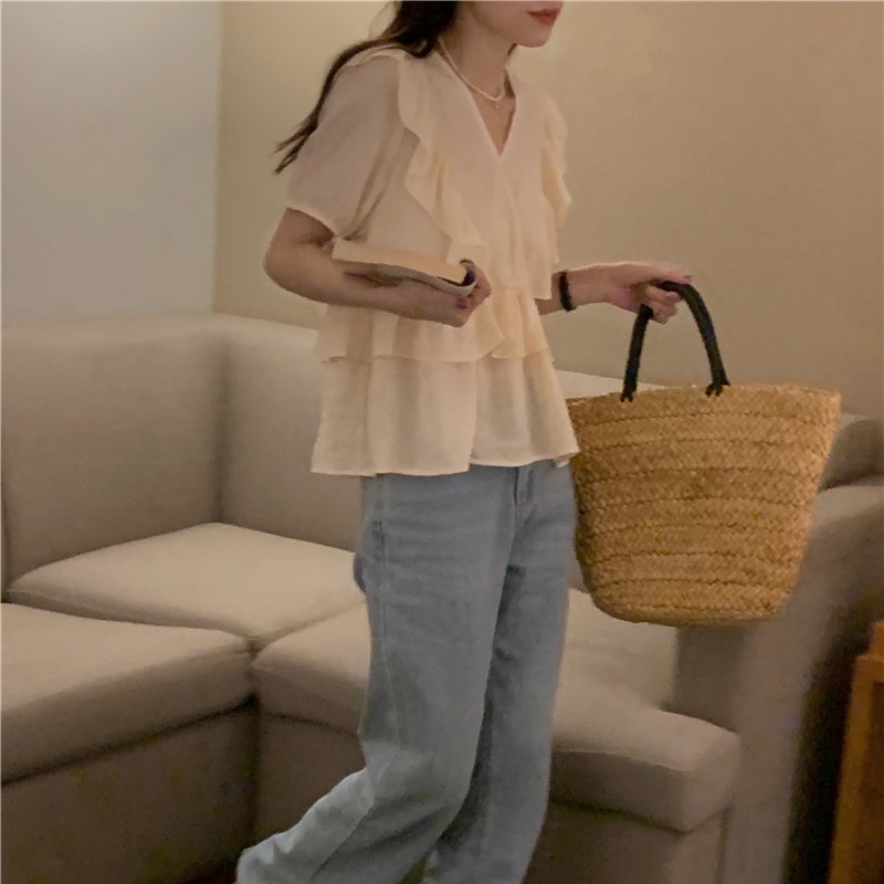 SUXI Áo Sơ Mi Tay Ngắn Cổ Chữ V Màu Sắc Ngọt Ngào Phong Cách Hàn Quốc Thời Trang Mùa Hè Cho Nữ