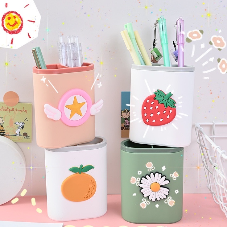Ống cắm bút  hộp đựng bút 2 ngăn kèm hình dễ thương, ống cắm bút nhựa nhiều màu sắc CICIBOX