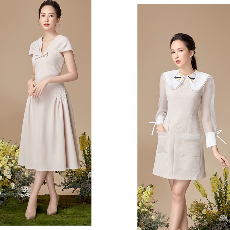 VÁY, ĐẦM TỰ THIẾT KẾ CAO CẤP. Váy xoè nude trễ vai và váy A thêu cánh bướm từ BST Orchid Dreamy đẹp lung linh.