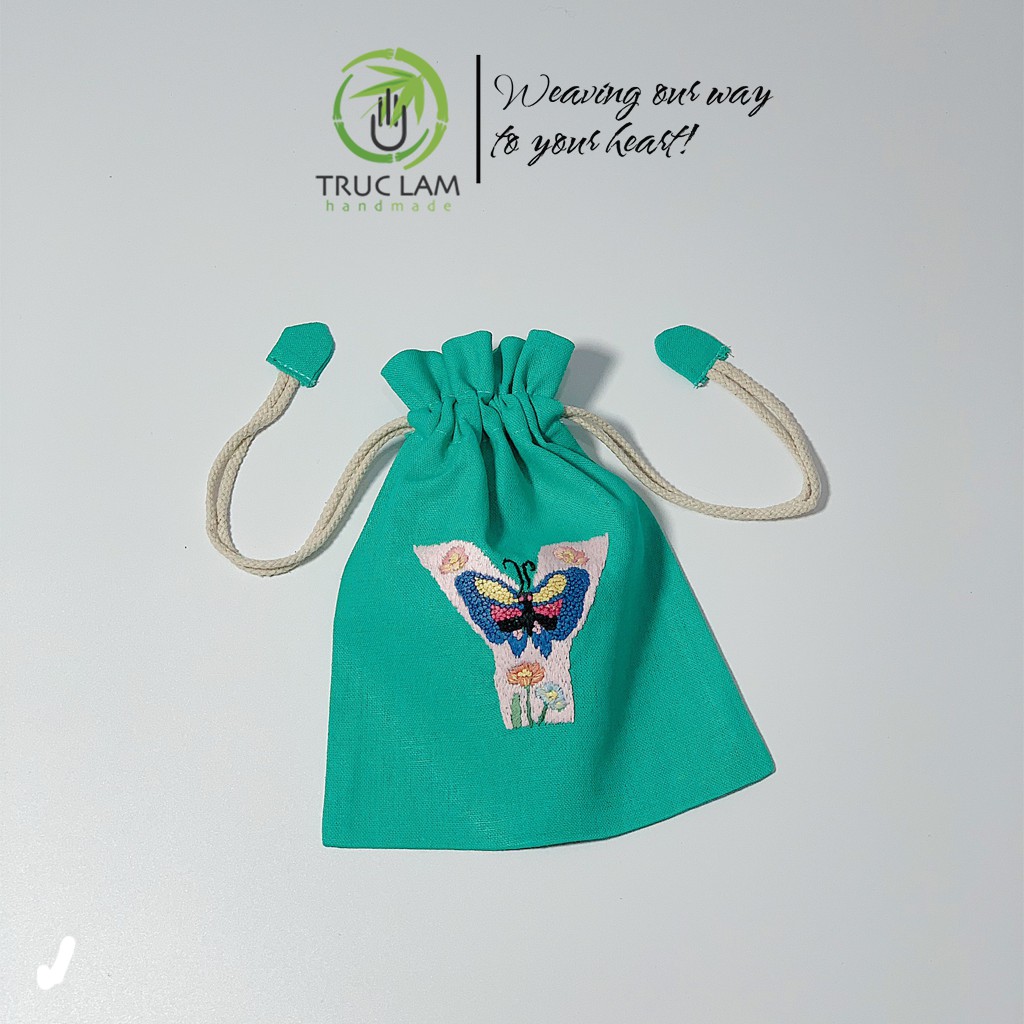 Túi Dây Rút Thêu Tay Họa Tiết Chữ Cái Y Phối Hoa Văn Nhiều Màu Sắc - Trúc Lâm Handmade