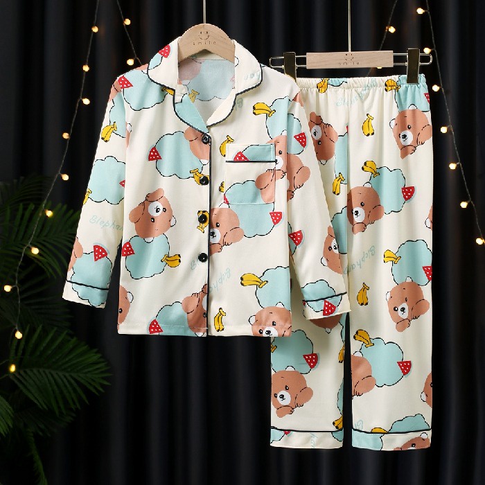 Bộ Đồ Ngủ Cotton Tay Dài In Họa Tiết Hoạt Hình Xinh Xắn Cho Bé